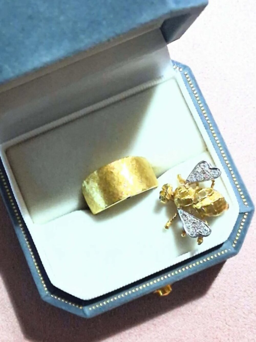 18k Gold Diamond+Sapphire Bee Brooch and 10mm Band Size 6 w/ $9900 Appraisal